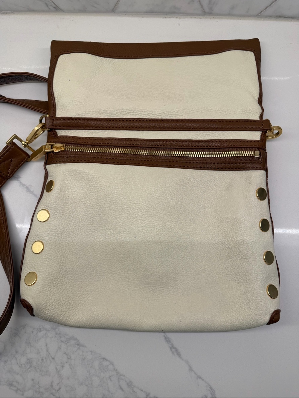 Hammitt Cream and Brown Leather Foldover Crossbody - Picture 12 of 16